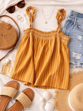 Banana Republic Mustard Stripe Smocked Tank Top | Ruffle Strap Summer Blouse | M